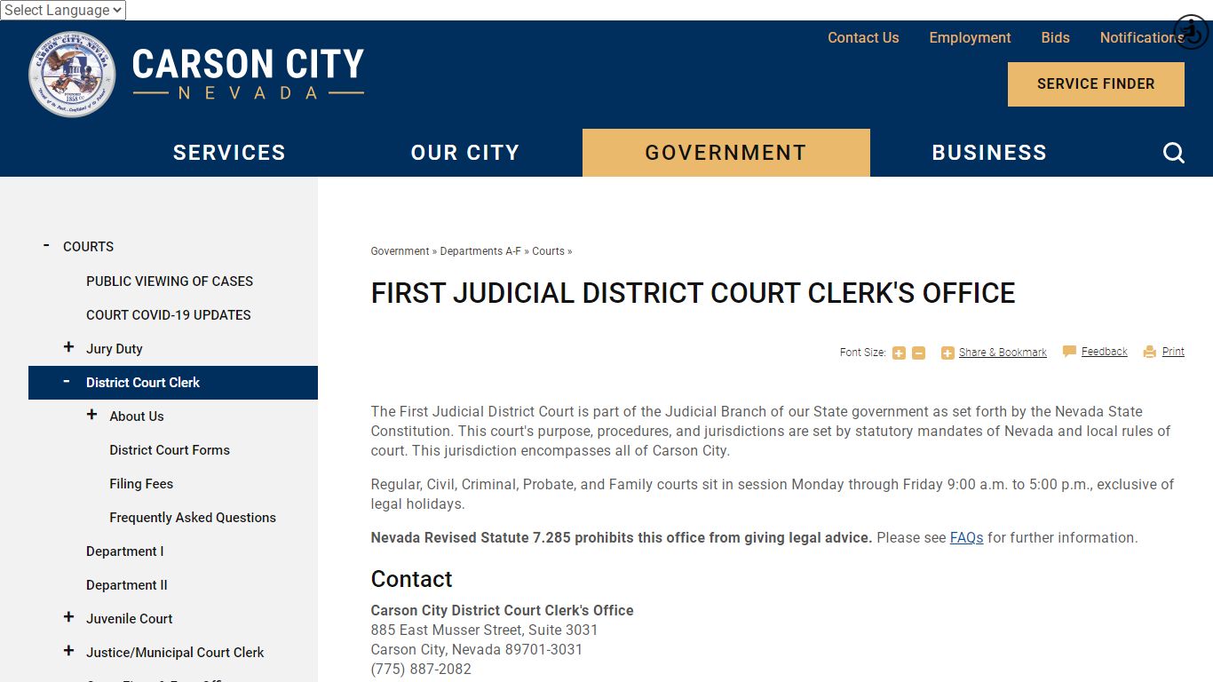 First Judicial District Court Clerk's Office | Carson City